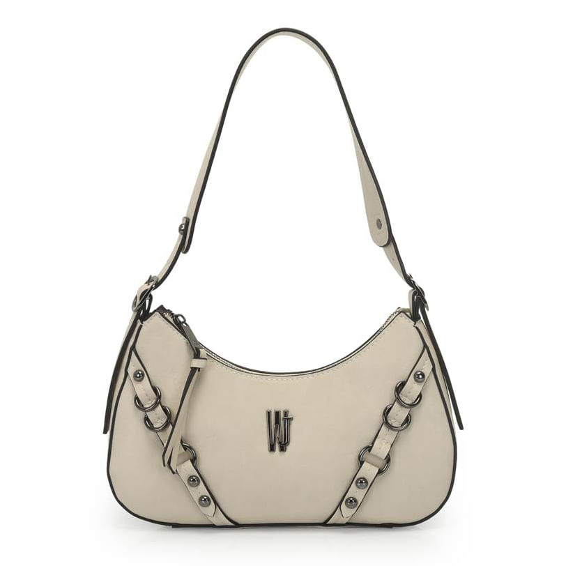 Bolsa baguete off white frontal com detalhes metálicos e alça curta, material sintético liso